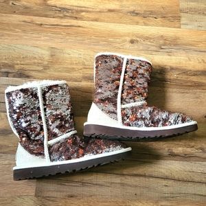 Women's Brown Classic Short Sparkles Sequin Textile And Suede Boot